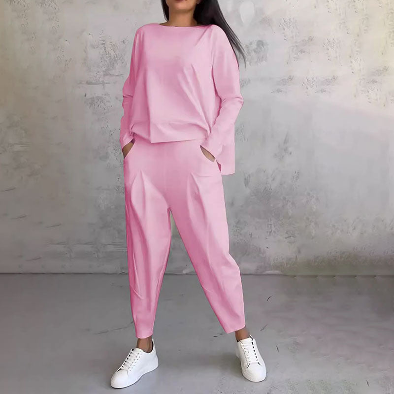 EaseWear Duo | Ronde Hals Top met Lange Mouwen ＆ Broek 2-Delige Set
